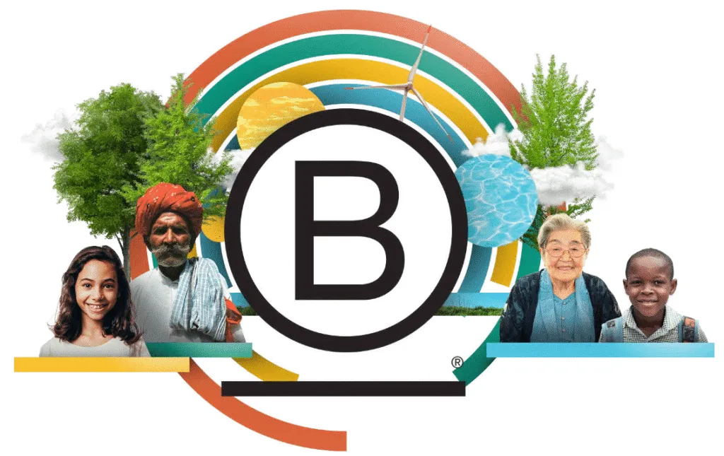 The B Corp logo surrounded decoratively with people, nature, shapes and circles. 